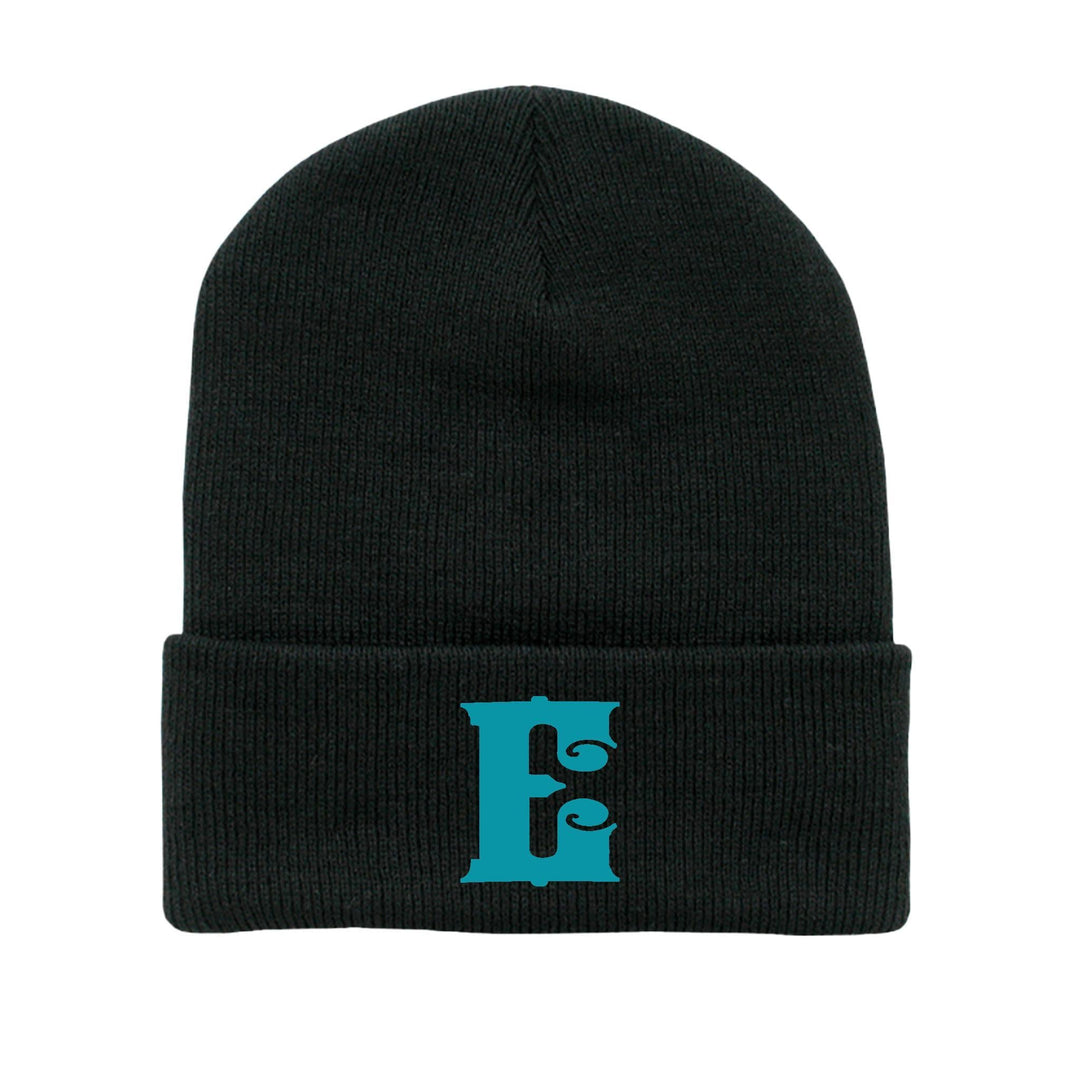 Teal on Black E Beanie - Espinoza's Leather