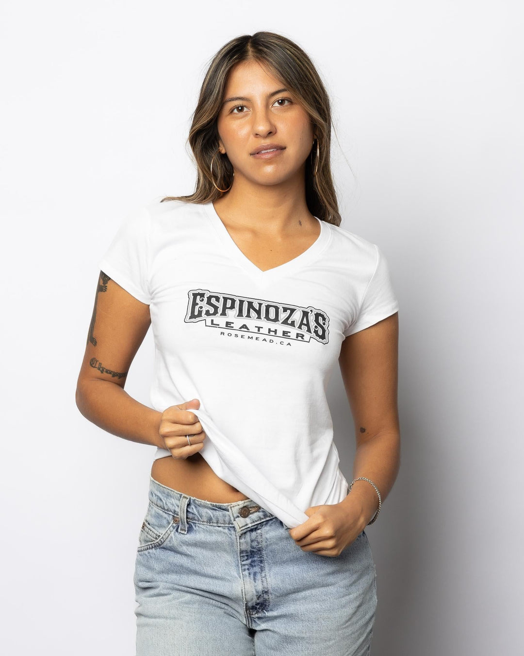 Classic Logo Womens V - Neck White - Espinoza's Leather