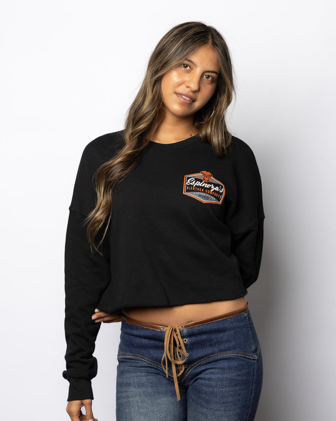 Espinozas Ladies Rocker Crew Neck Cropped Sweatshirt - Espinoza's Leather