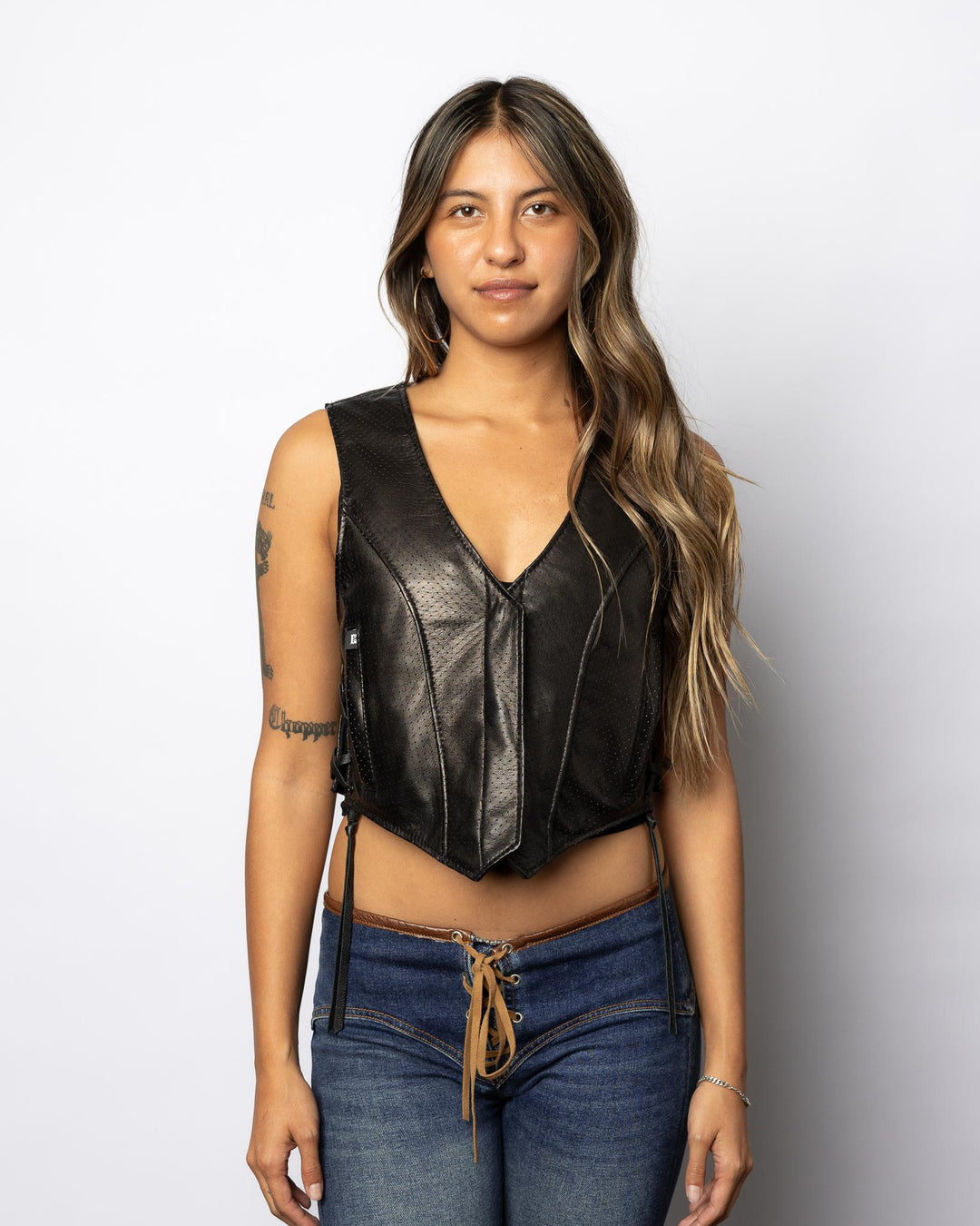 Ladies All Perforated Leather V Neck Vest - Espinoza's Leather