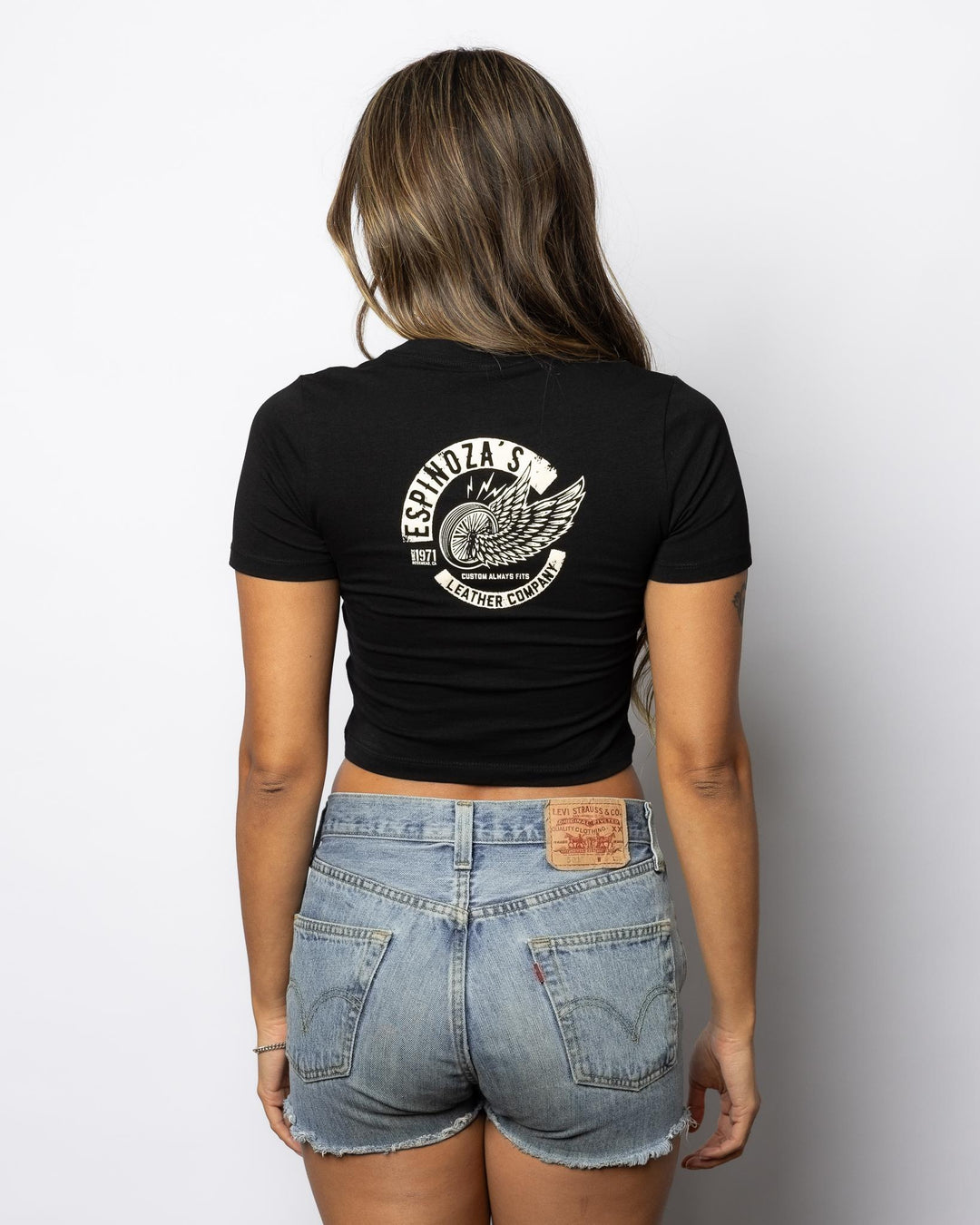 LADIES BLACK WINGED WHEEL CROP TEE - Espinoza's Leather