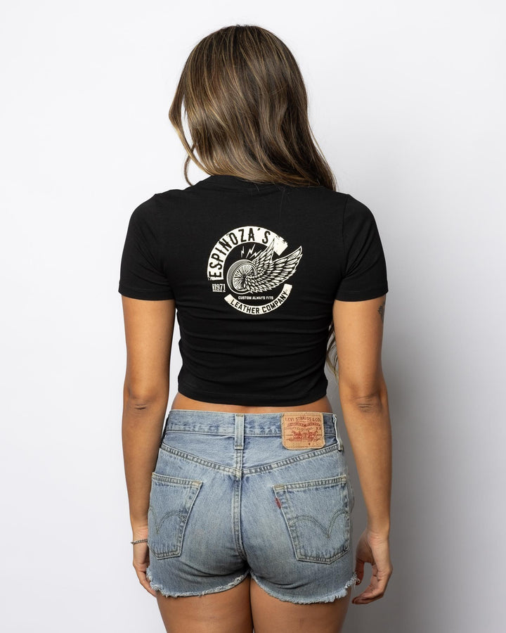LADIES BLACK WINGED WHEEL CROP TEE - Espinoza's Leather