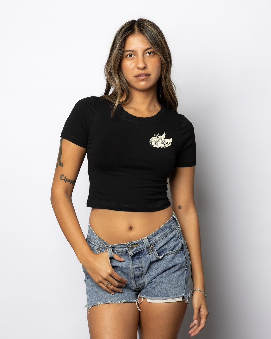 LADIES BLACK WINGED WHEEL CROP TEE - Espinoza's Leather