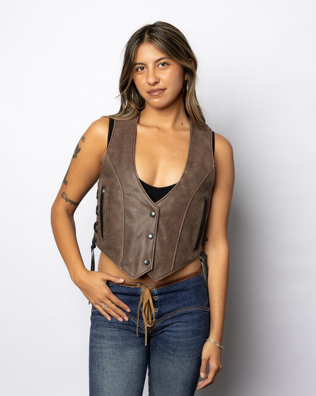 Ladies Brown Bomber V Neck Vest - Espinoza's Leather