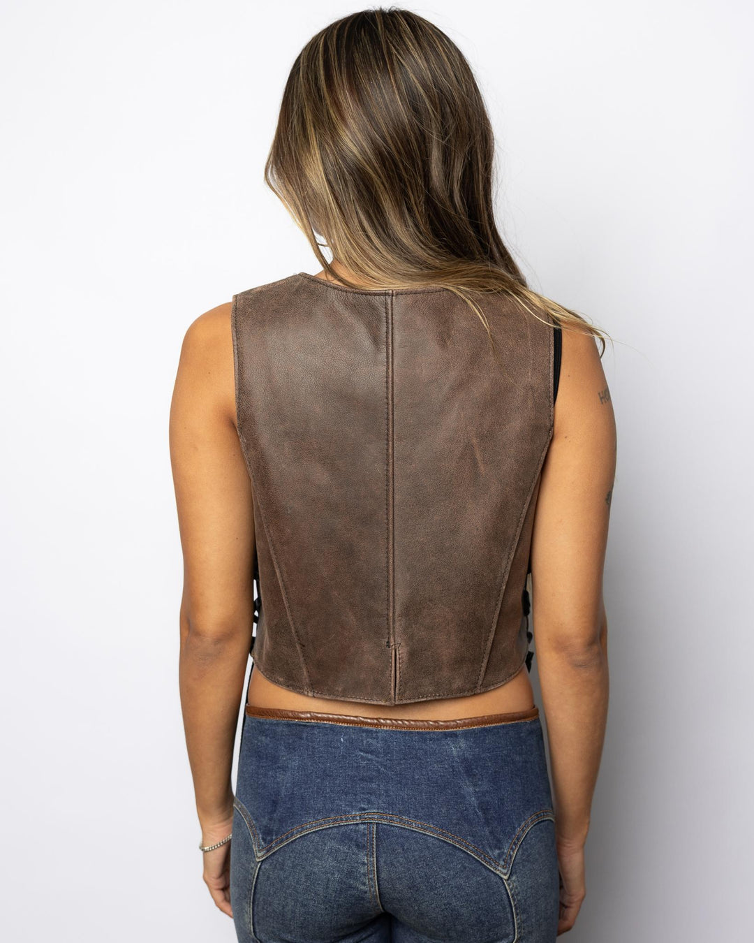 Ladies Brown Bomber V Neck Vest - Espinoza's Leather