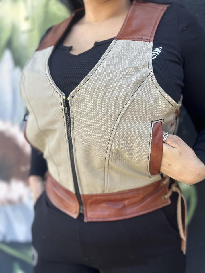 Ladies Cognac Verona x Khaki Canvas Bonnie - Espinoza's Leather