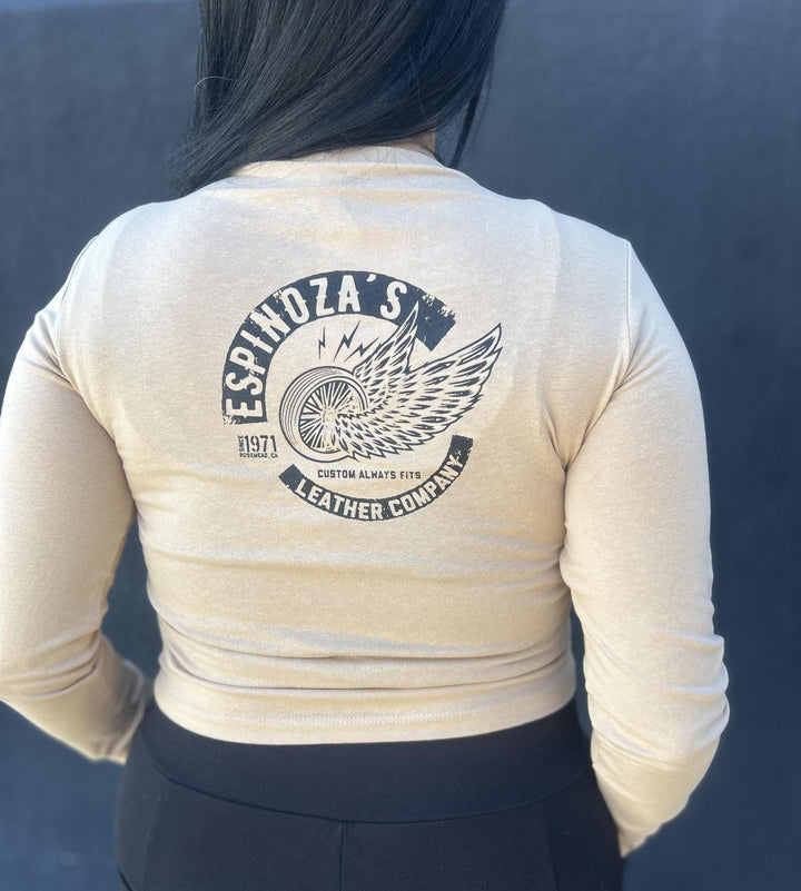 Ladies Cropped Khaki Wing Wheel Long Sleeve - Espinoza's Leather