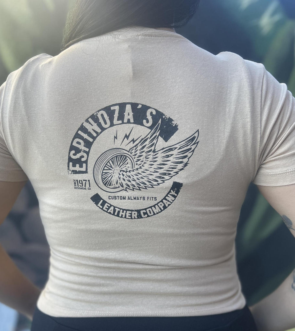 Ladies Cropped Khaki Wing Wheel Tee - Espinoza's Leather