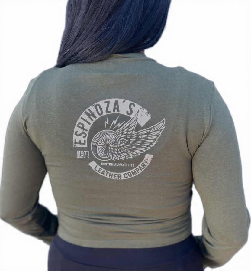 Ladies Cropped Olive Wing Wheel Long Sleeve - Espinoza's Leather