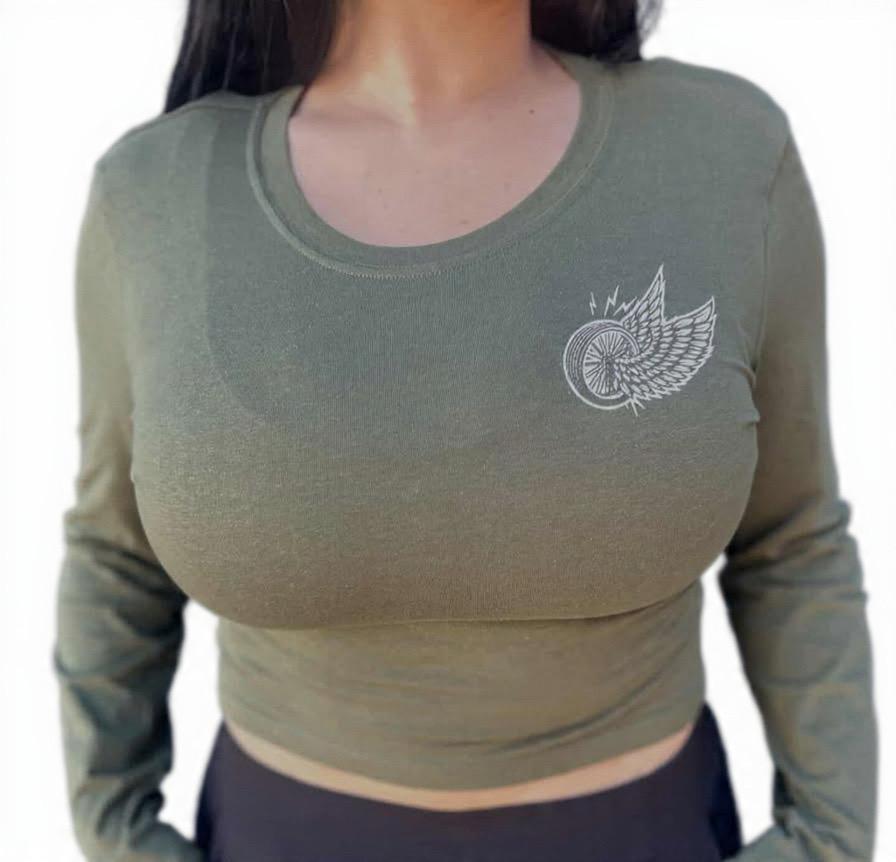 Ladies Cropped Olive Wing Wheel Long Sleeve - Espinoza's Leather