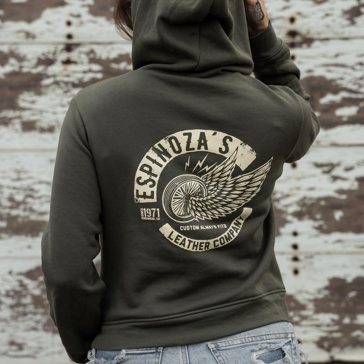 Ladies Cropped Olive Wing Wheel Pullover Hoodie - Espinoza's Leather