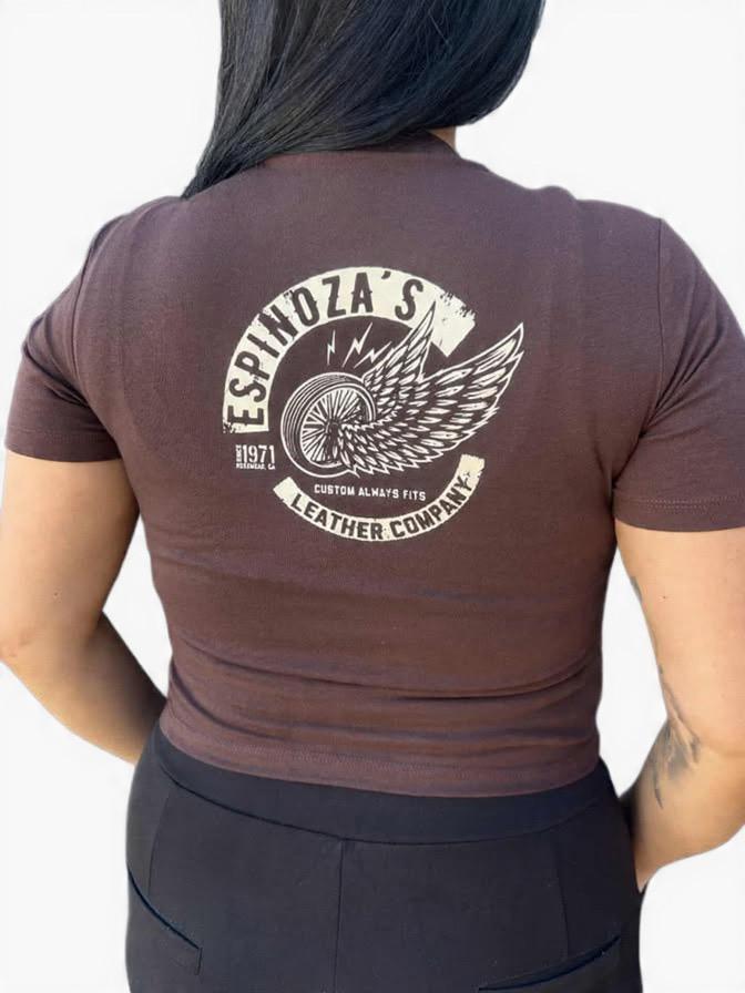 Ladies Cropped Winged Wheel Brown Tee - Espinoza's Leather