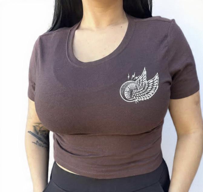 Ladies Cropped Winged Wheel Brown Tee - Espinoza's Leather