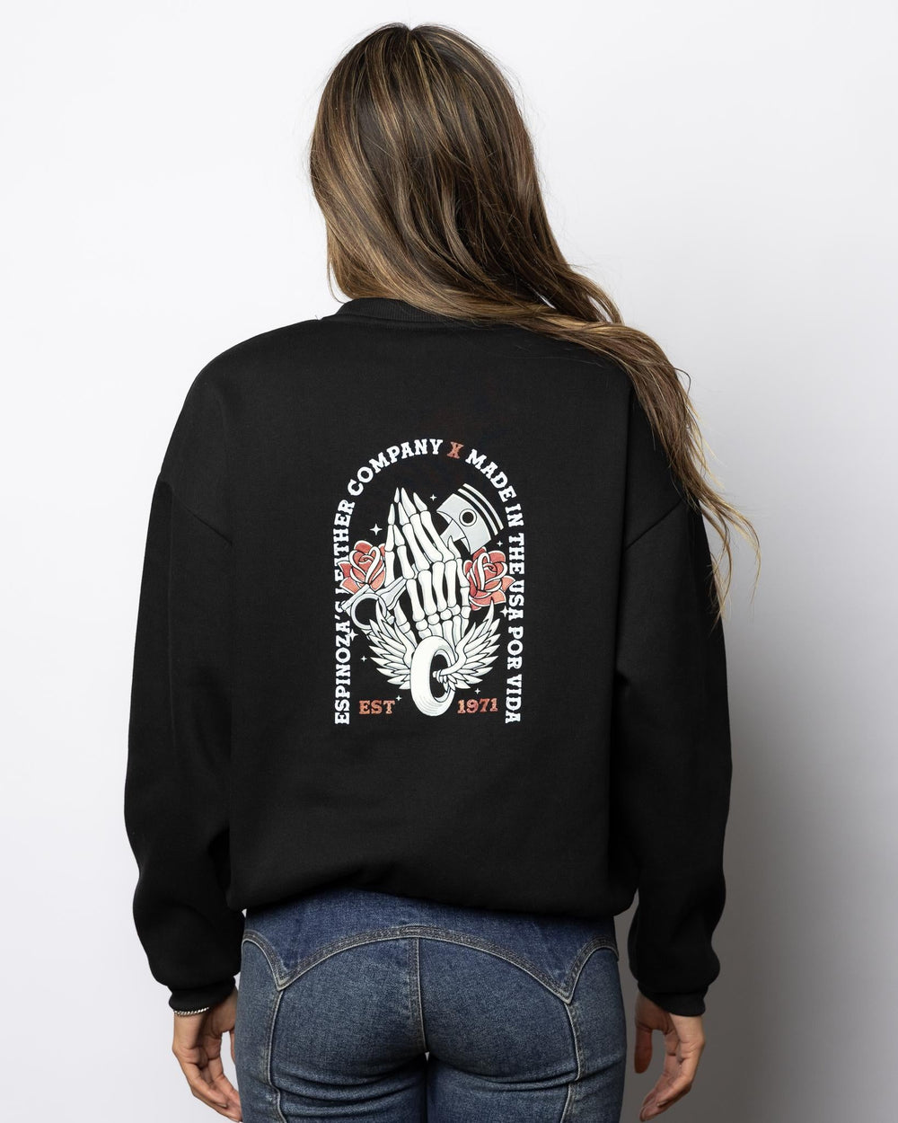 LADIES PRAYING PISTON CREW NECK - Espinoza's Leather