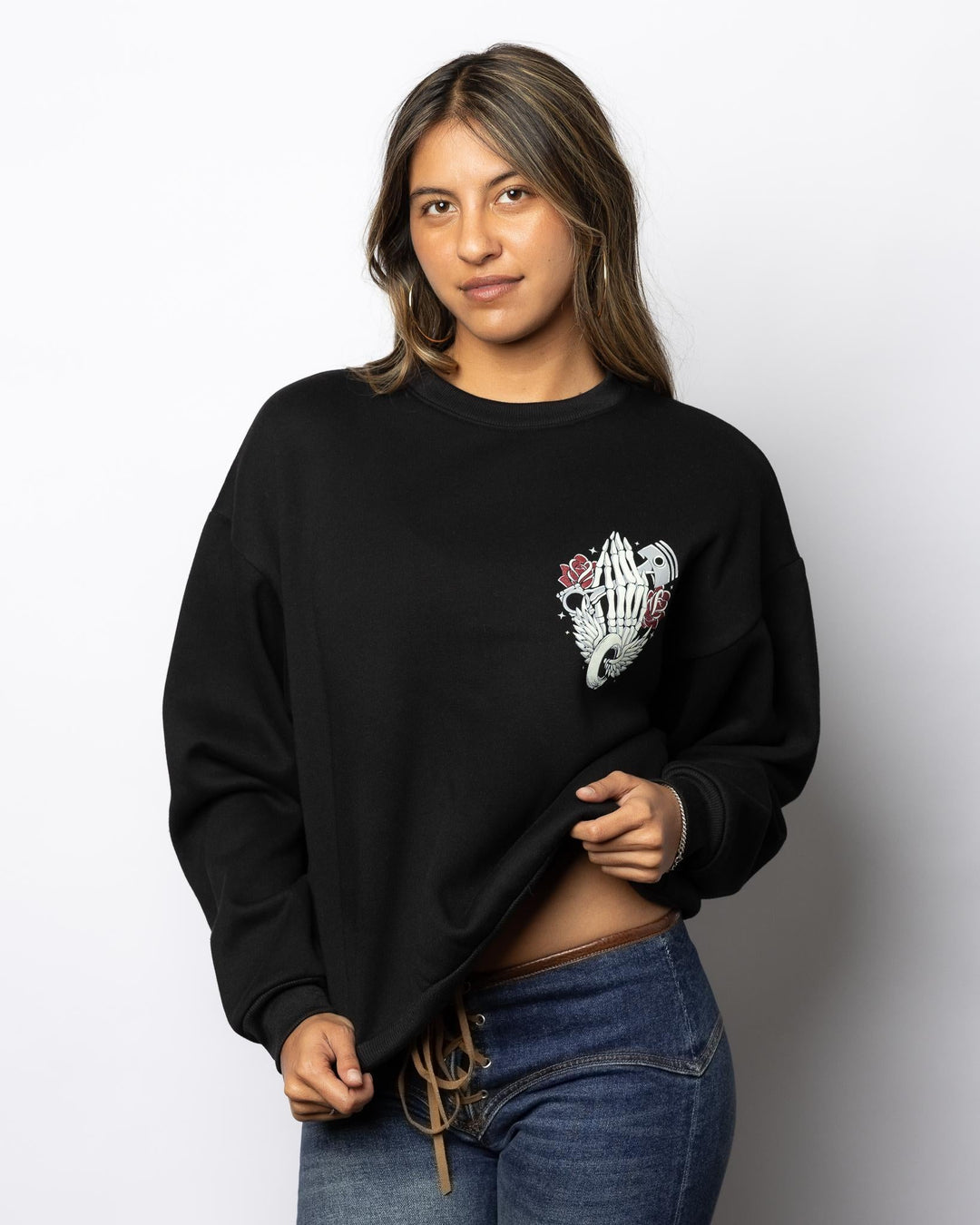 LADIES PRAYING PISTON CREW NECK - Espinoza's Leather