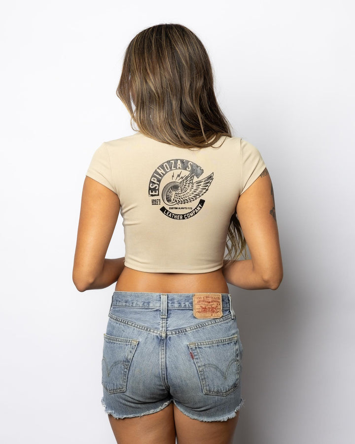 LADIES SCOOP NECK WING WHEEL CROP TEE - Espinoza's Leather