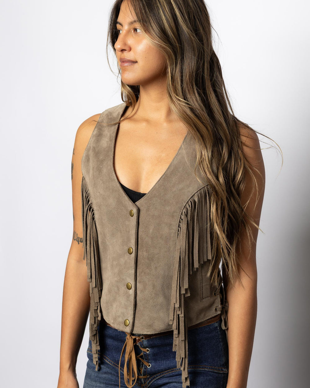 Ladies Taupe Rough Out Fringe Vest - Espinoza's Leather