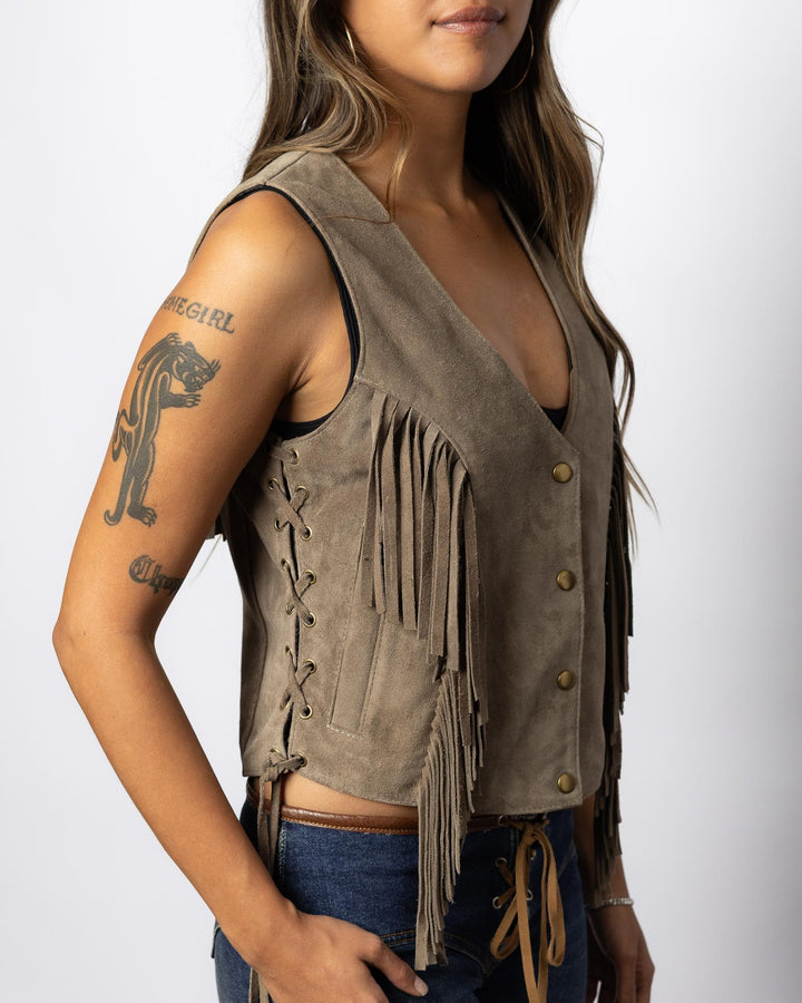 Ladies Taupe Rough Out Fringe Vest - Espinoza's Leather
