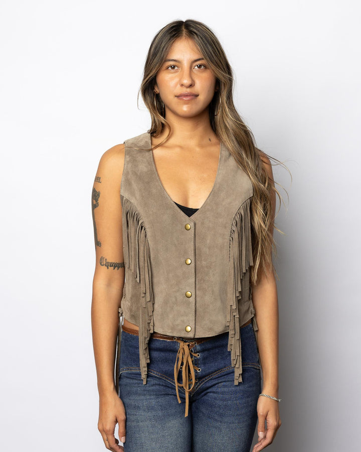 Ladies Taupe Rough Out Fringe Vest - Espinoza's Leather