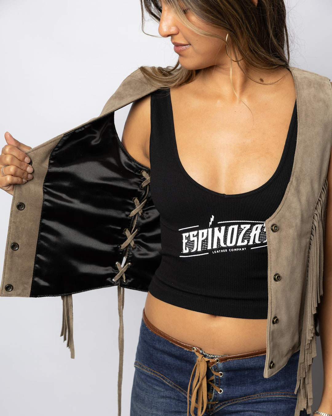 Ladies Taupe Rough Out Fringe Vest - Espinoza's Leather