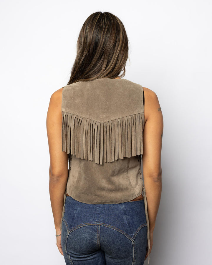 Ladies Taupe Rough Out Fringe Vest - Espinoza's Leather