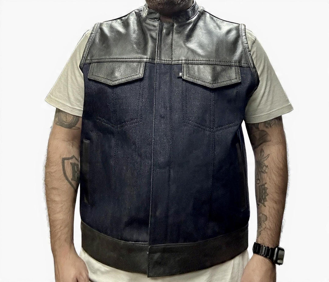 Men's Black Verona x Indigo Denim Hybrid Clubvest - Espinoza's Leather