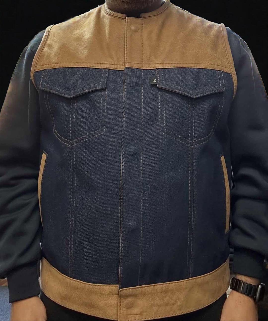 Mens Brown Marlboro Cow x 501 Blue Denim Hybrid Club Vest - Espinoza's Leather