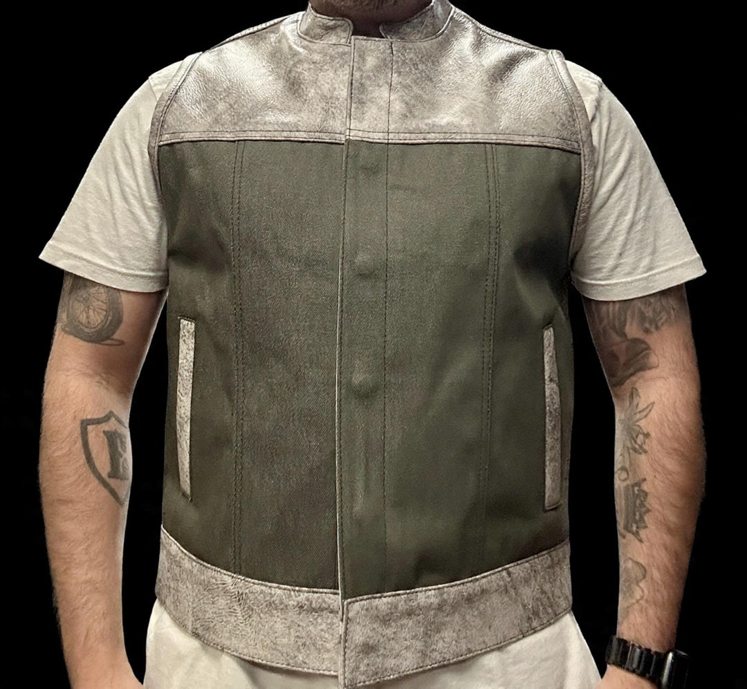 Men's Cement Cow x OD Green Denim Hybrid Clubvest - Espinoza's Leather