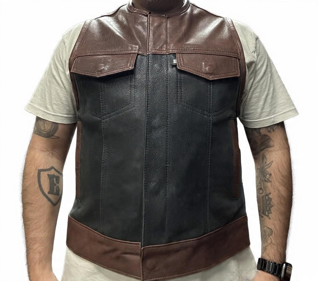 Men's Chocolate Cow x Distressed Black Cow Hybrid Clubvest - Espinoza's Leather