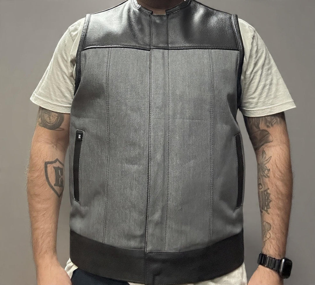 Men's Cow x Ash Gray Denim Hybrid Clubvest - Espinoza's Leather