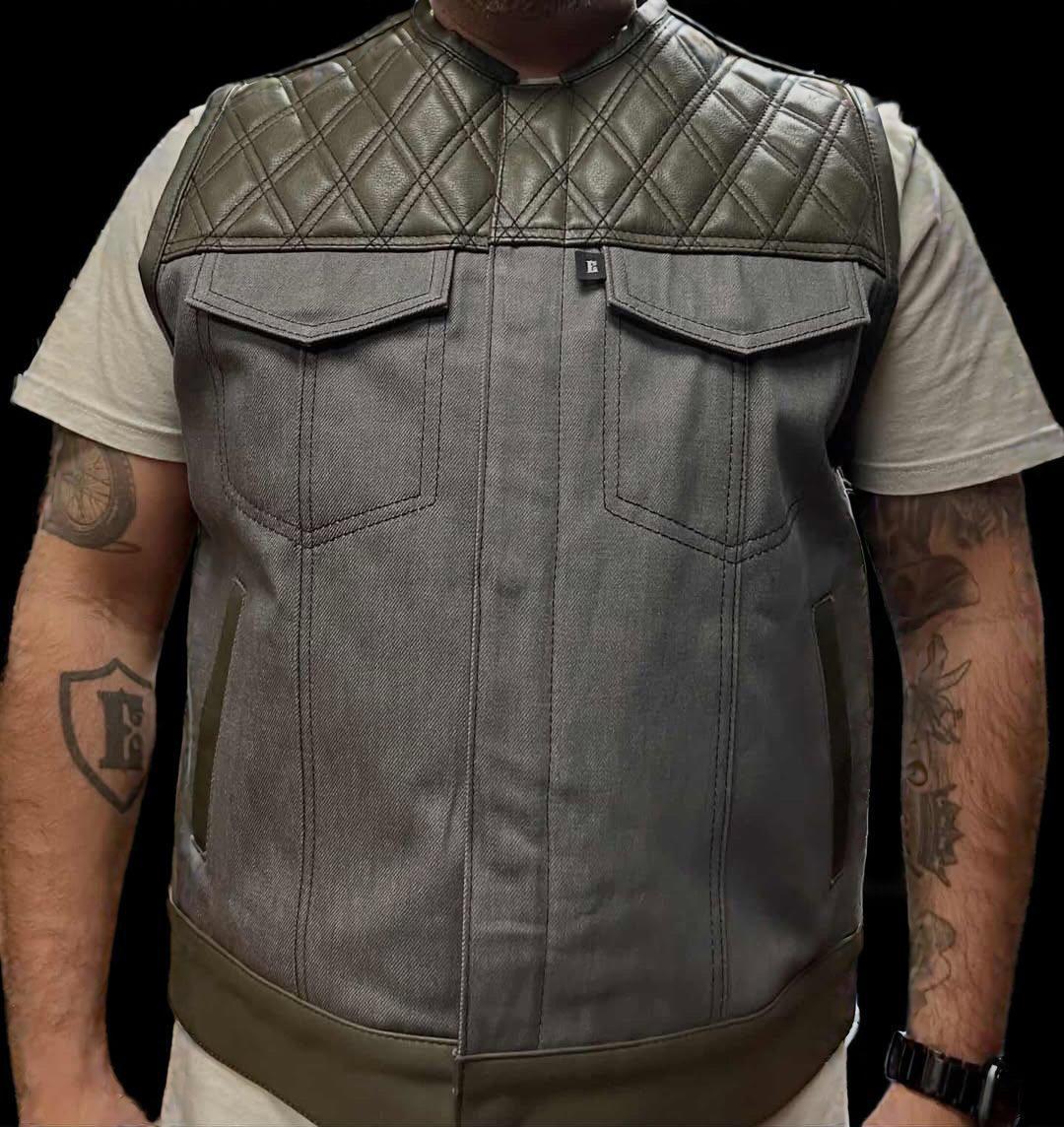 Men's Double Diamond OD Green Cow x Ash Gray Denim Hybrid Clubvest - Espinoza's Leather