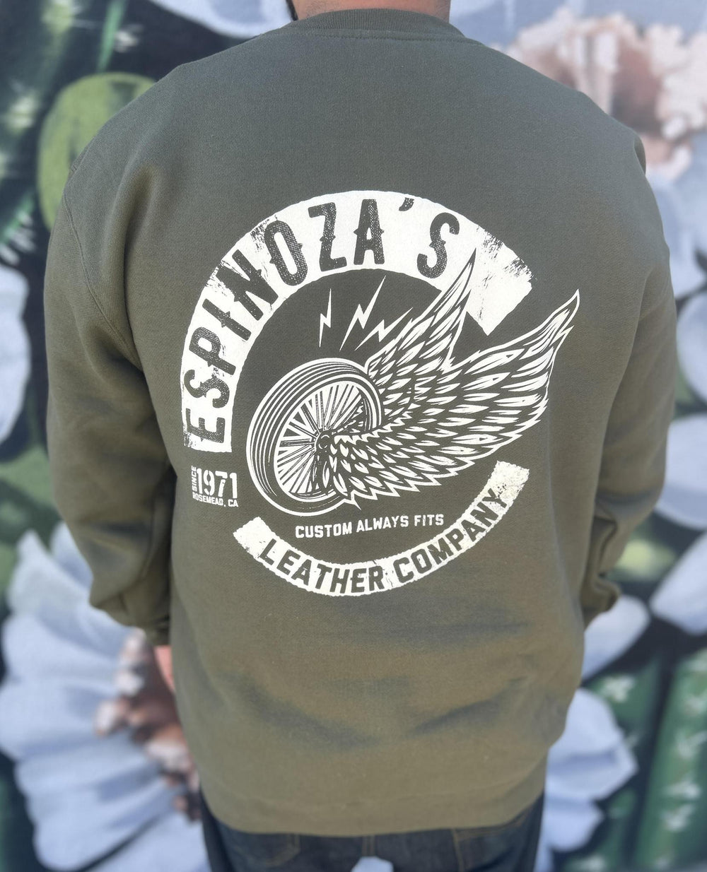 Men's Olive Wing Wheel Crew Neck - Espinoza's Leather