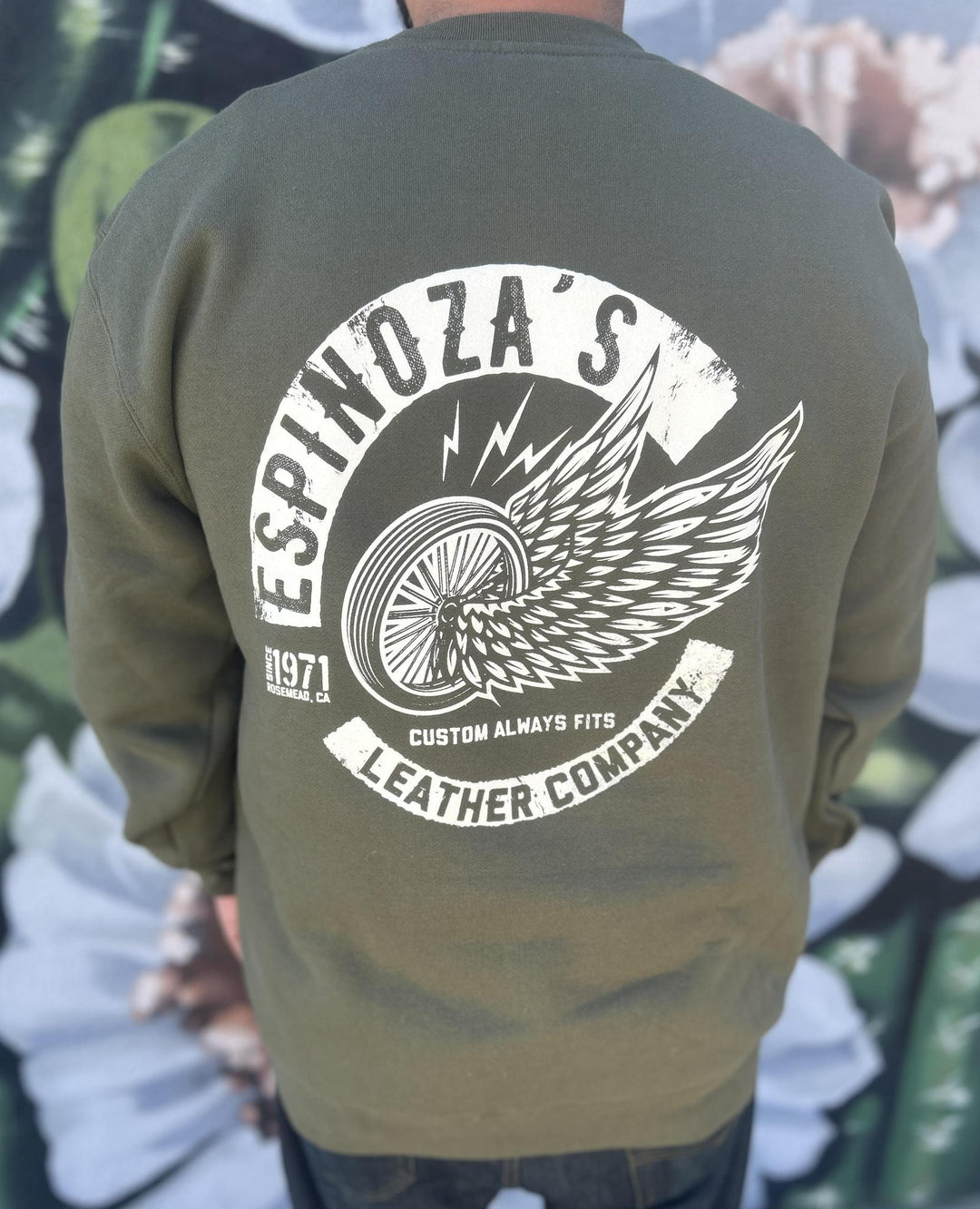 Men's Olive Wing Wheel Crew Neck - Espinoza's Leather
