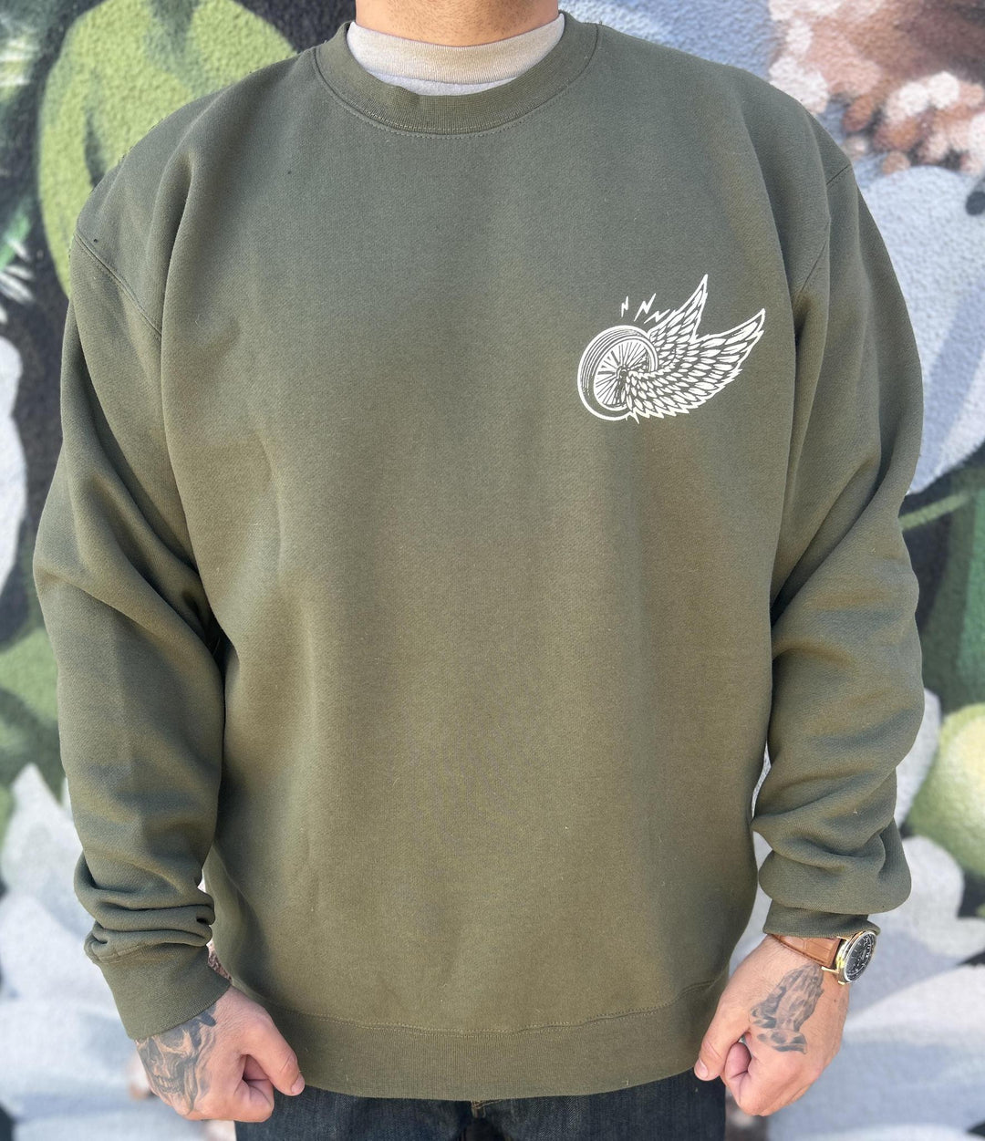 Men's Olive Wing Wheel Crew Neck - Espinoza's Leather