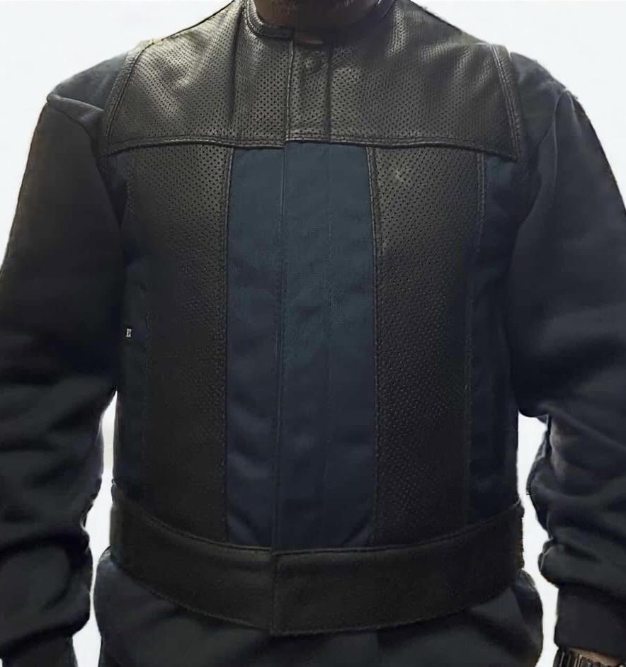 Men's Perforated Cow x Navy Cordura Hybrid Full Cut Vest - Espinoza's Leather