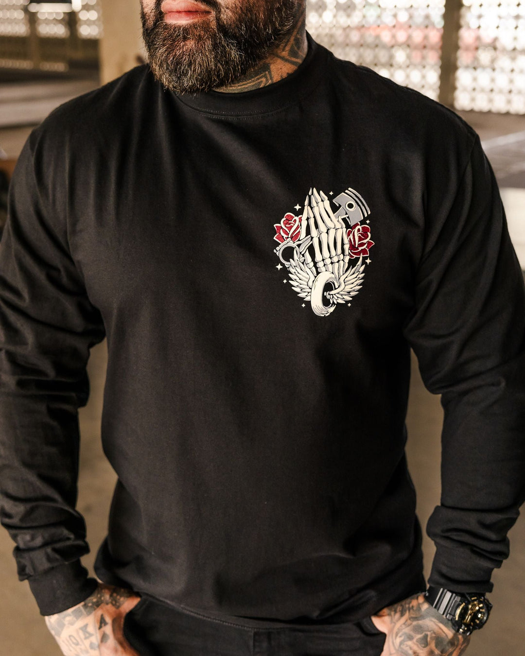 Praying Piston Long Sleeve T-Shirt - Black - Espinoza's Leather