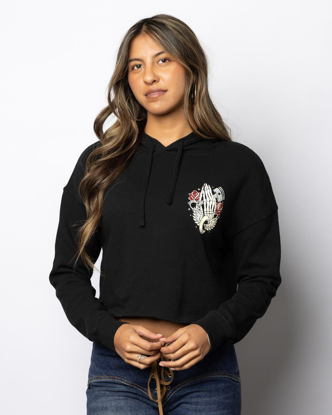 Praying Piston Women's Cropped Hooded Sweatshirt - Black - Espinoza's Leather