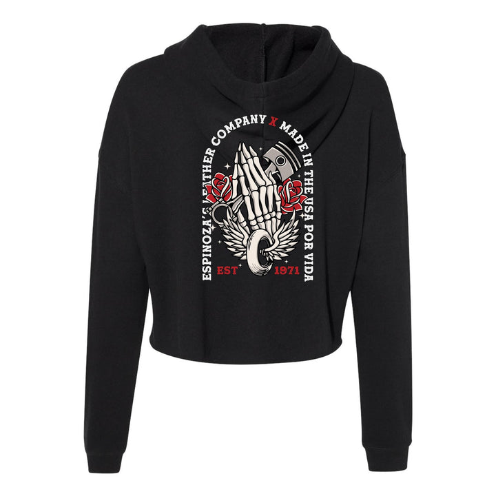 Praying Piston Women's Cropped Hooded Sweatshirt - Black - Espinoza's Leather