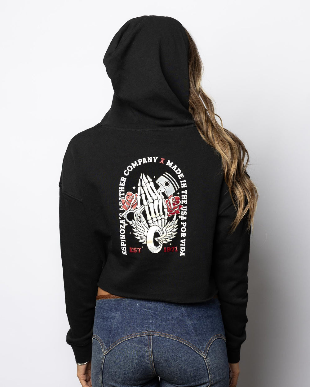 Praying Piston Women's Cropped Hooded Sweatshirt - Black - Espinoza's Leather
