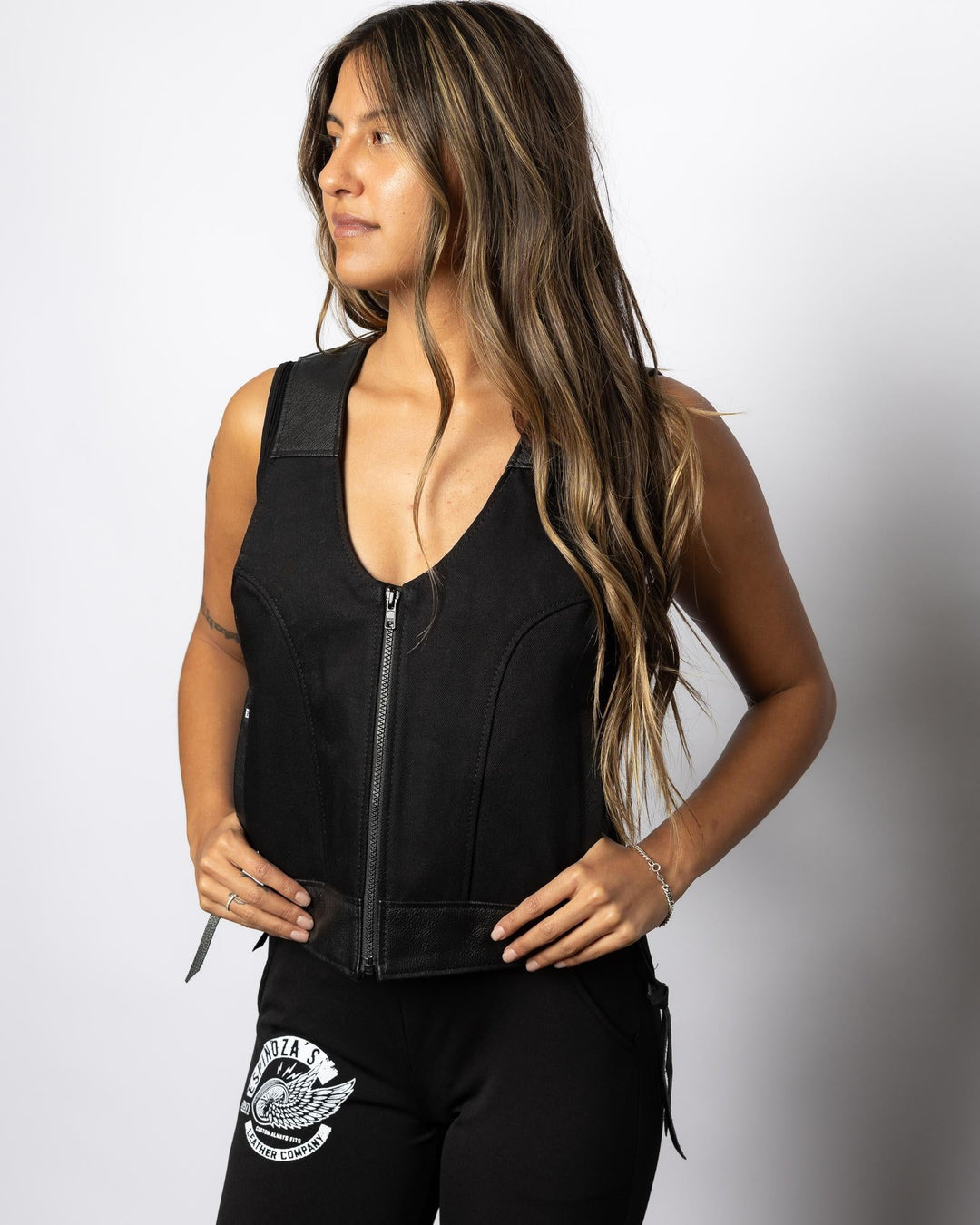 The Bonnie Hybrid Vest With Bull Denim - Espinoza's Leather