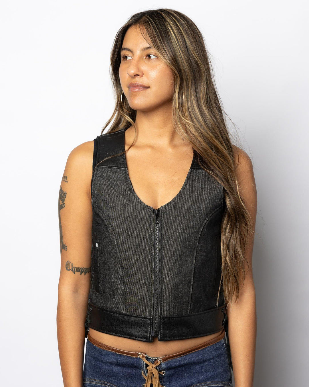 The Bonnie Hybrid Vest With Stonewash Denim - Espinoza's Leather
