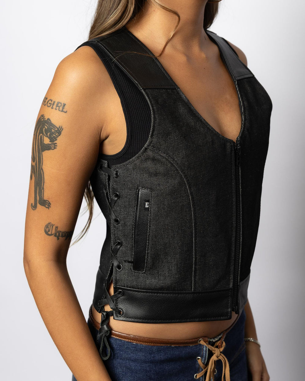 The Bonnie Hybrid Vest With Stonewash Denim - Espinoza's Leather