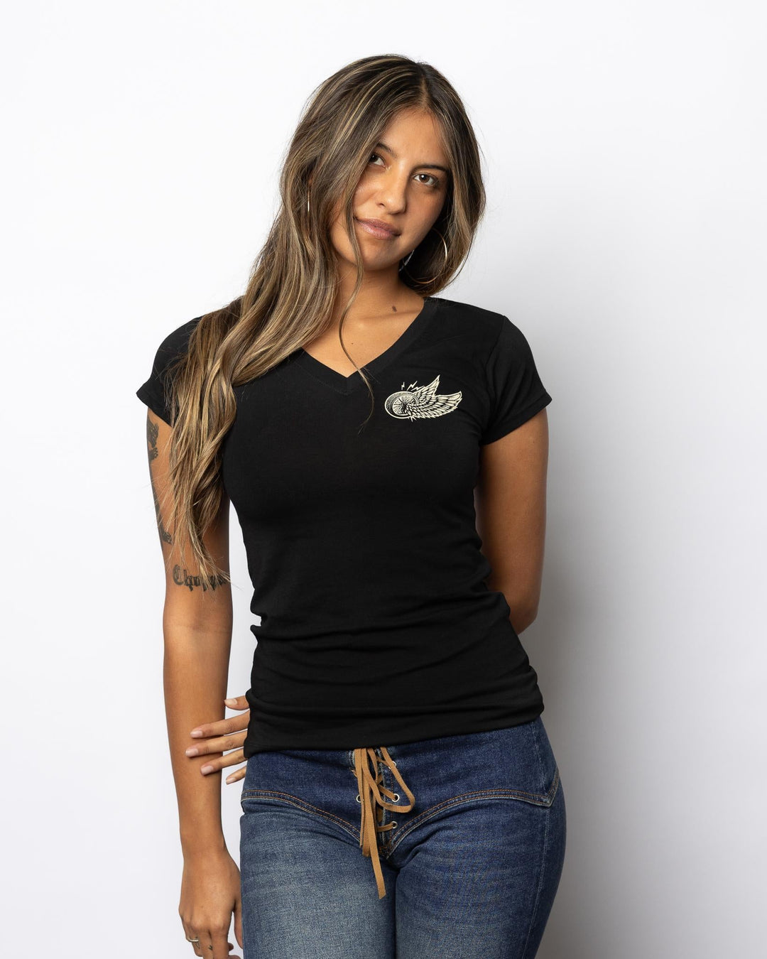 Winged Wheel Womens V - Neck Black - Espinoza's Leather