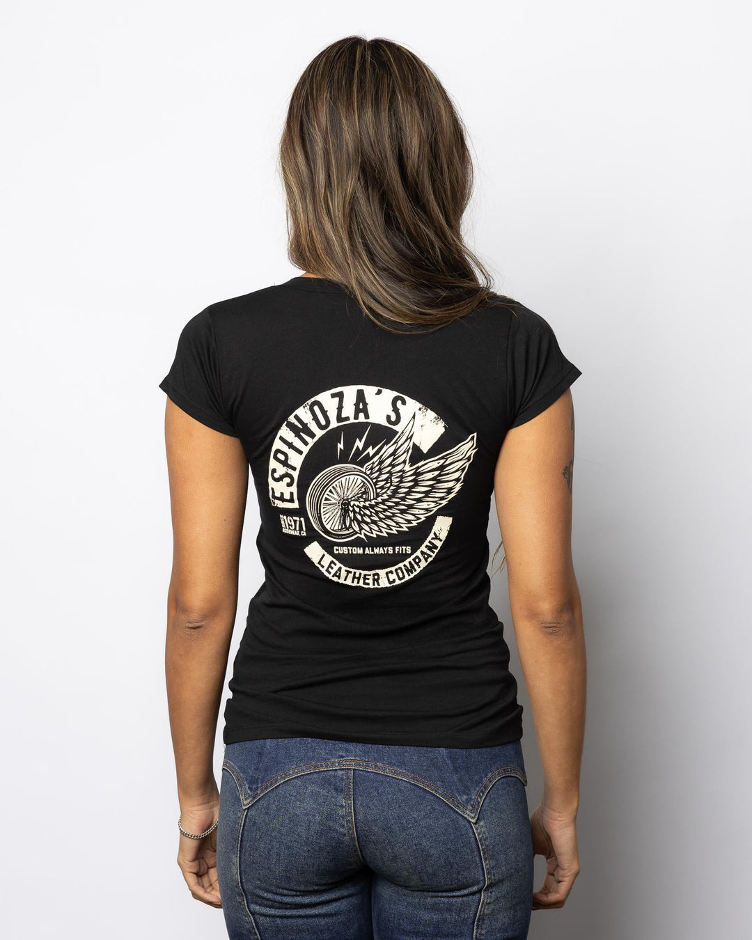Winged Wheel Womens V - Neck Black - Espinoza's Leather