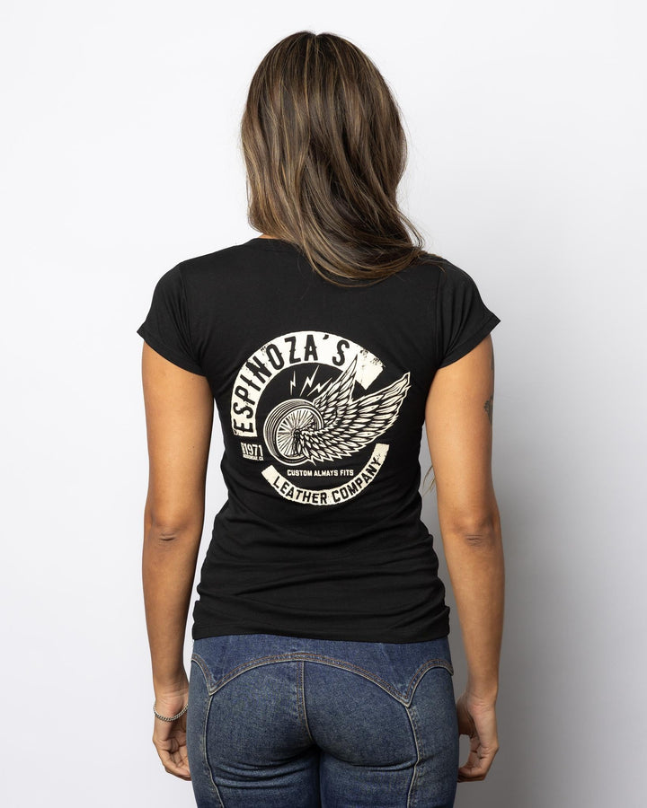 Winged Wheel Womens V - Neck Black - Espinoza's Leather