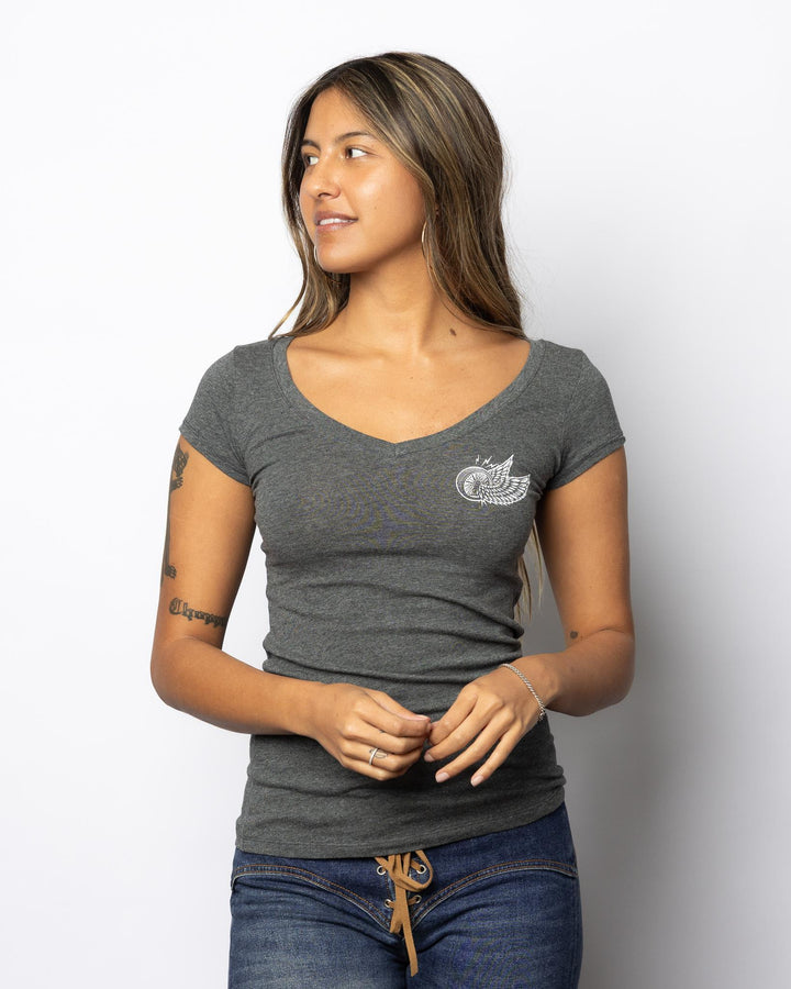 Winged Wheel Womens V - Neck Grey - Espinoza's Leather