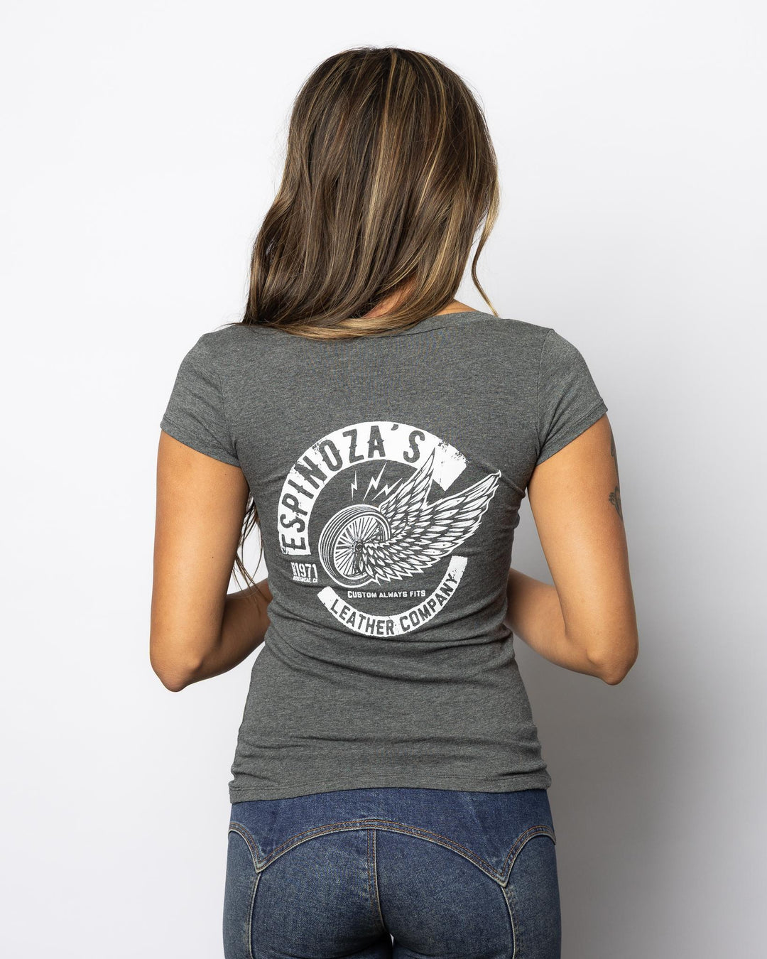 Winged Wheel Womens V - Neck Grey - Espinoza's Leather