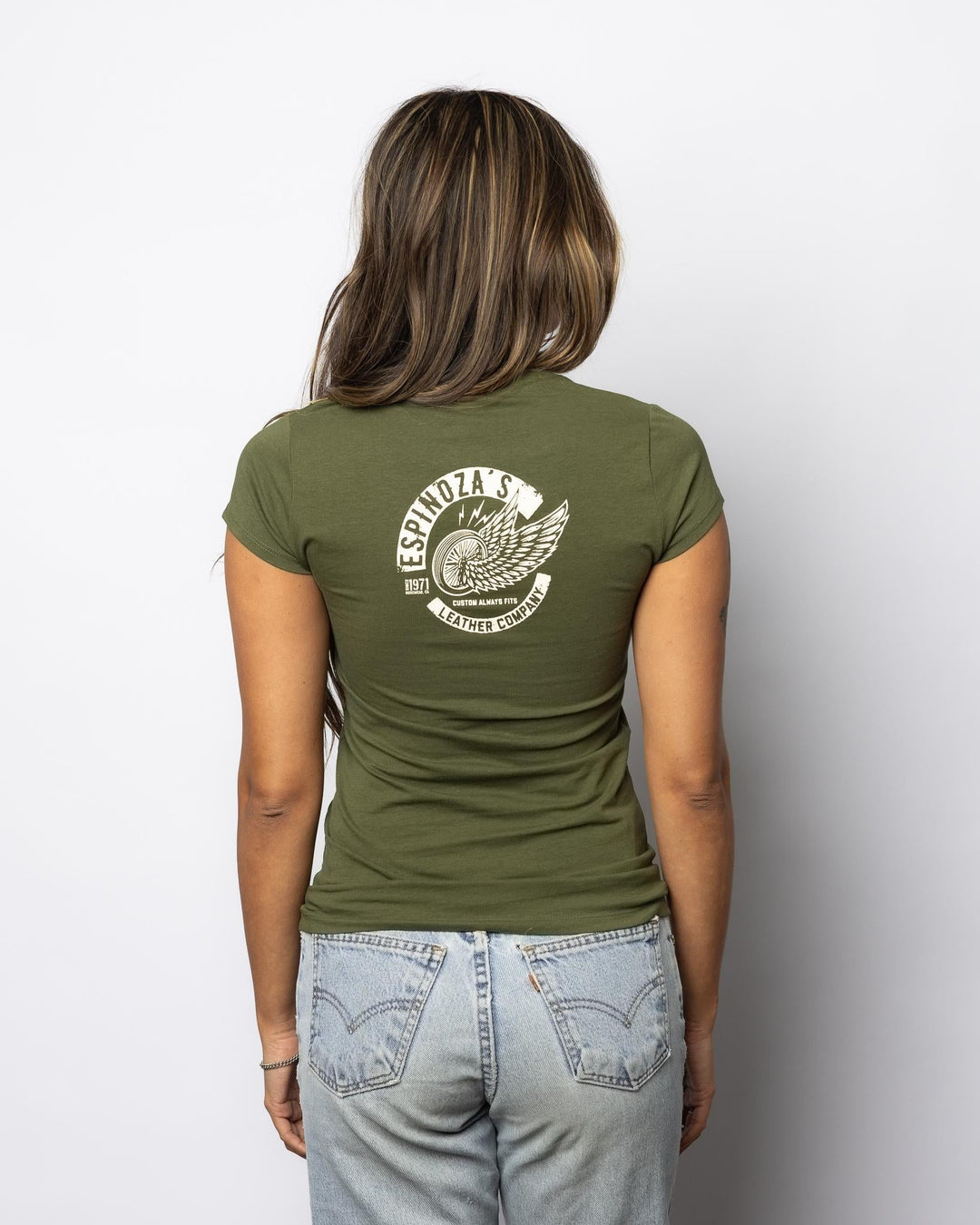 Winged Wheel Womens V - Neck Olive Green - Espinoza's Leather