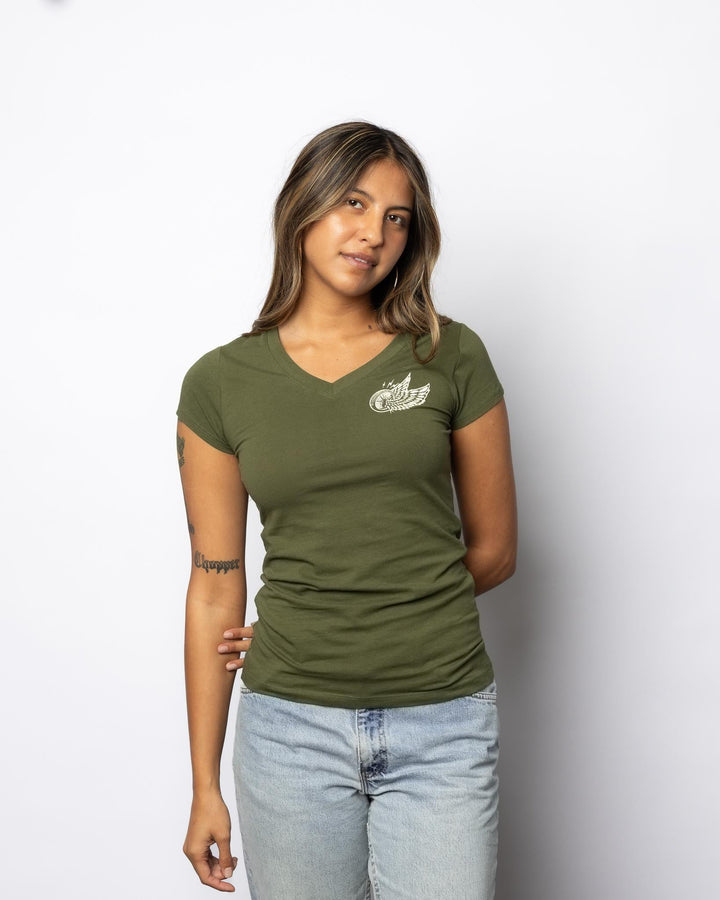 Winged Wheel Womens V - Neck Olive Green - Espinoza's Leather