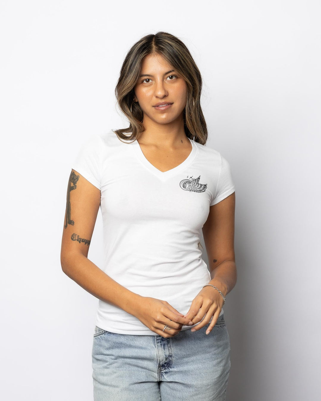 Winged Wheel Womens V - Neck White - Espinoza's Leather